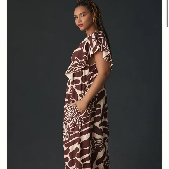 Anthropologie The Cassandra Maxi Dress Zebra Print Ruffled Hem Brown Motif - Picture 4 of 6